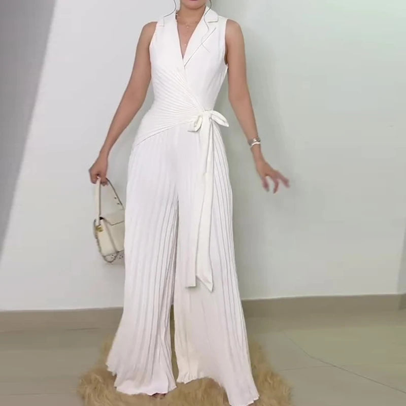 High Waist Sexy Sleeveless Pleated Jumpsuit Fashion Solid Colour Wide Leg.  S-2X