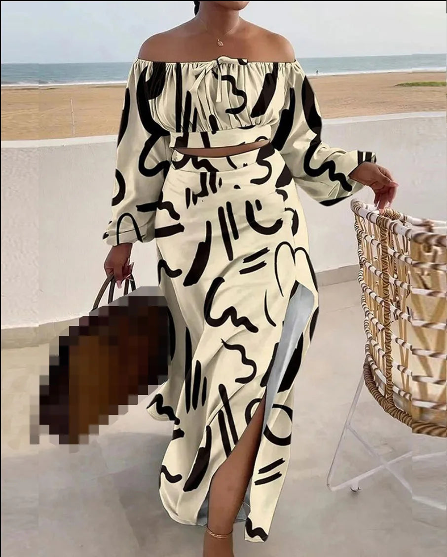 Casual Off Shoulder Sexy Slit Printed Loose Long Skirt Two Piece Set For Women Vacation Summer Outfit.  S-3X