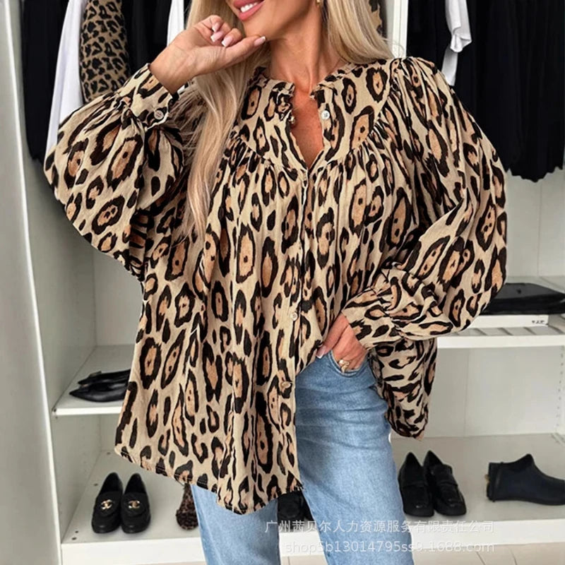 Women Leopard Print Blouse Full Sleeve Casual Loose Elegant Shirt.  S-XL