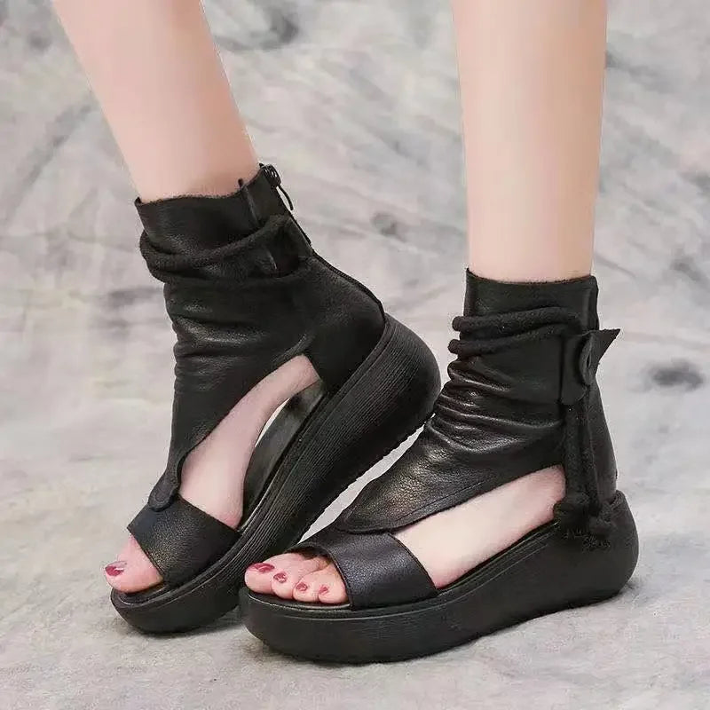 Ladies Vintage PU Leather Cool Shoe/Sandals Summer Mid Heel Comfortable Wedge Shoe