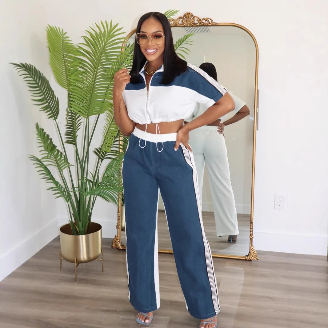 Pant Set Women Two Piece Set Denim Matching Sets Jogger Tracksuit Matching Sets Zipper Tops Wide Leg Long Pants Elastic Waist.  S-2X