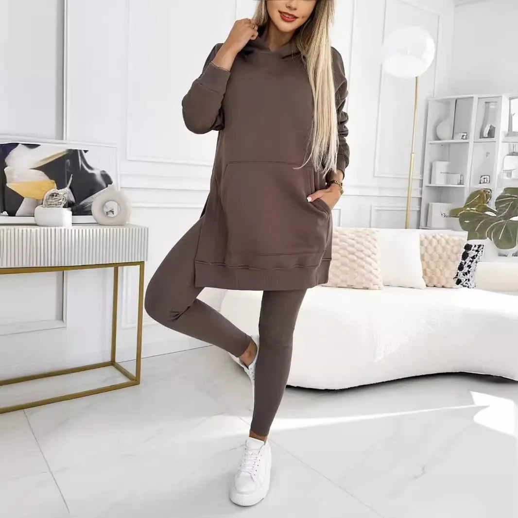 European Style Sporty Casual Hooded Sweatshirt Thickened Screw Thread Two-Piece Outfit.  S-5x