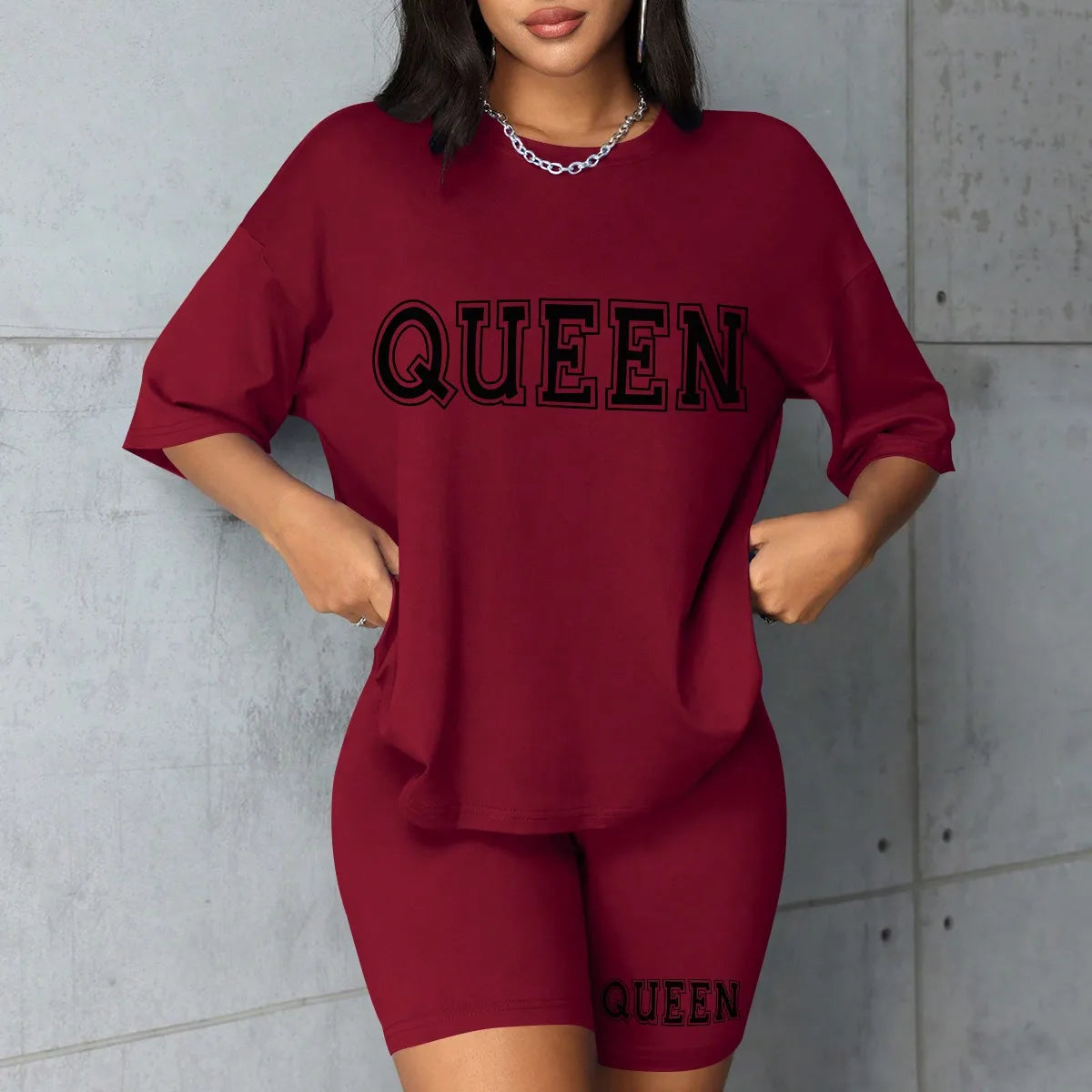 Plus size fashionable all-match shorts short-sleeved queen letter print simple and comfortable two-piece