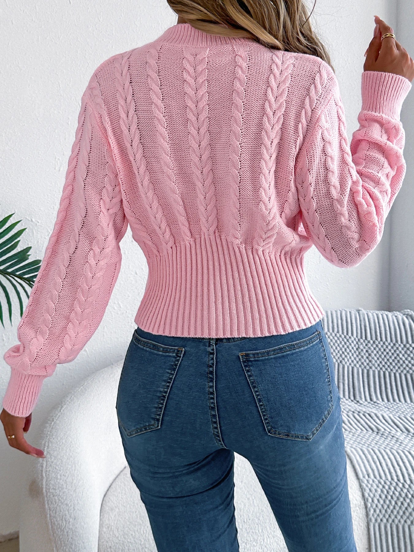 Women's Twist Knit Mock Neck Sweater - Waist Cinching Lantern Sleeve Pullover