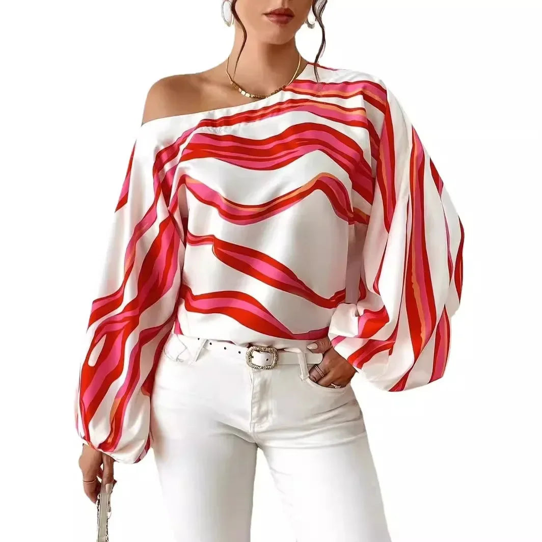 Pullover Women Blouse Slash Neck Lantern Sleeve Print Shirt Loose Casual Blouse Slight Stretch Elegant Blouse.  S-XL