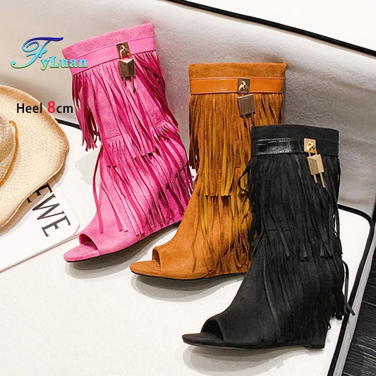 Retro Style Suede Short Boots Woman Peep Toe Tassel Shoe/ Boots 8CM Wedge