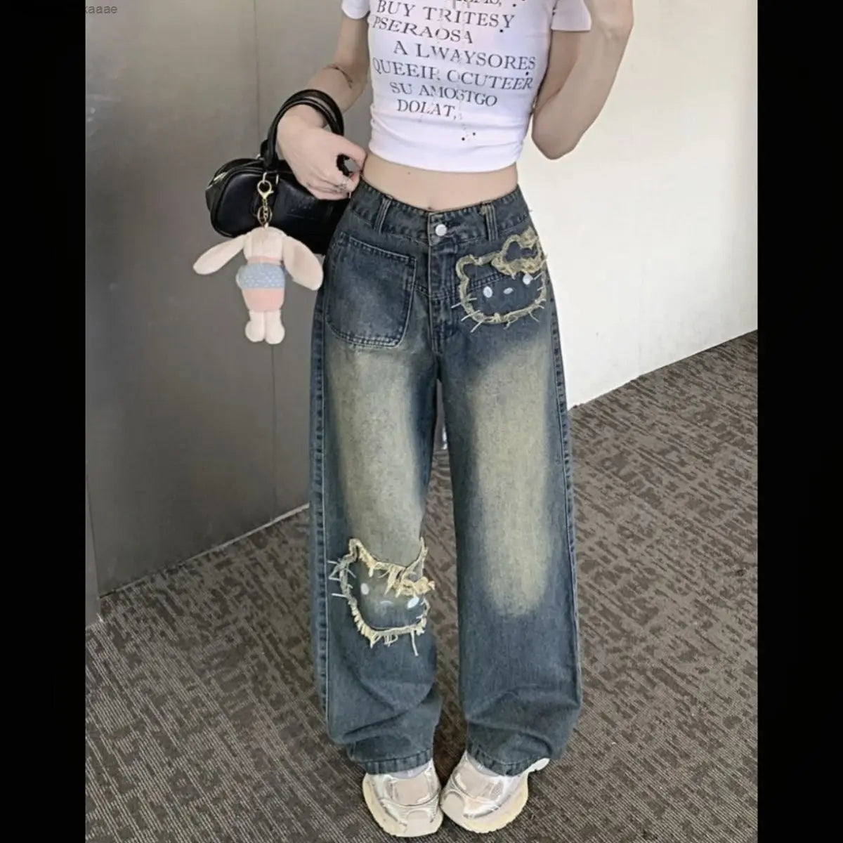 Ladies Hello Kitty Korean Version Street wear Jeans Vintage Blue Loose Cut.