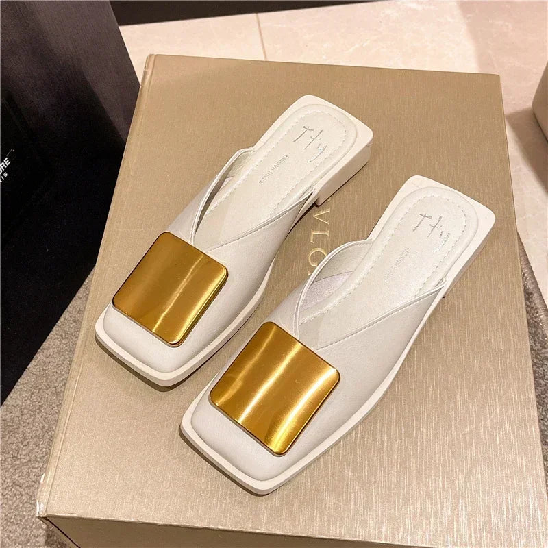 Women Fashion Metal Buckle Mules Flat Heels Square Toe Shallow Slides.