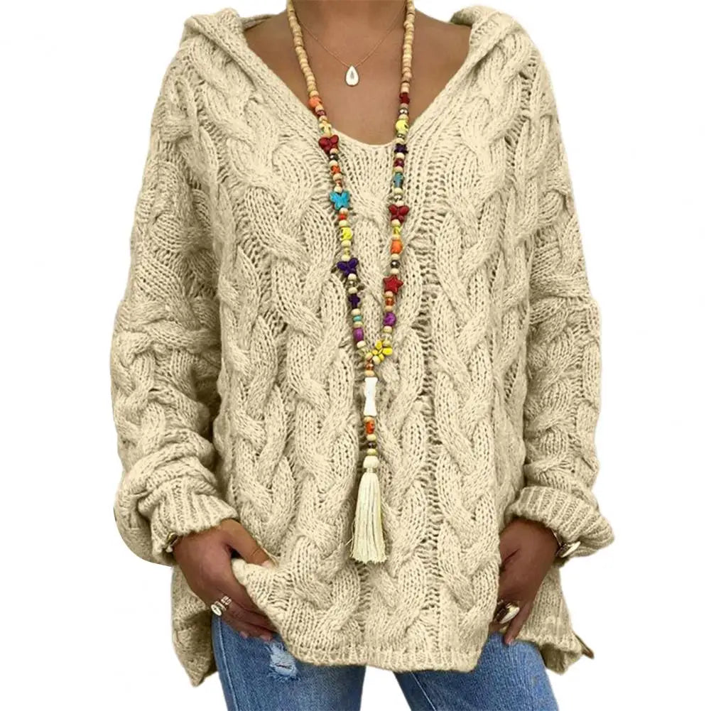 Hooded V-Neck Long Sleeves Twist Knitted Solid Colour Loose Sweater.  S-3x