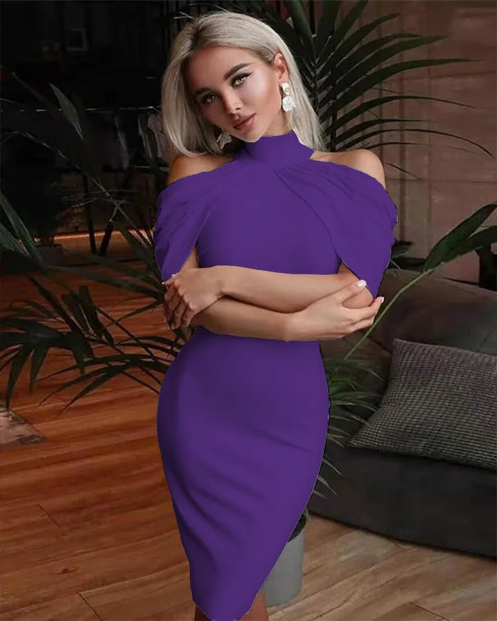 New Solid Colour Slim Midi Halter Neck Off Shoulder Elegant Party Dress.  S-3X