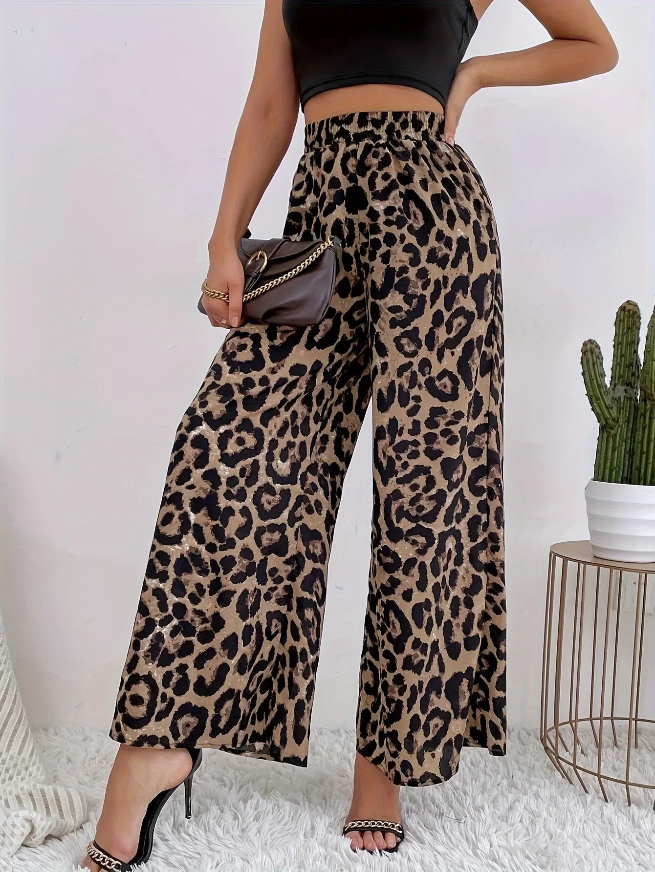Fashionable Leopard Printed Elastic Waist Loose-Fit Casual Bell Bottoms.  S-2xL