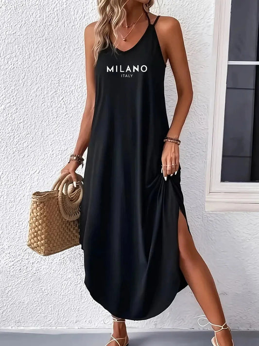 Curved Hem Cami Dress, Sexy Sleeveless Spaghetti Strap Loose Maxi Dress,  xs-xl
