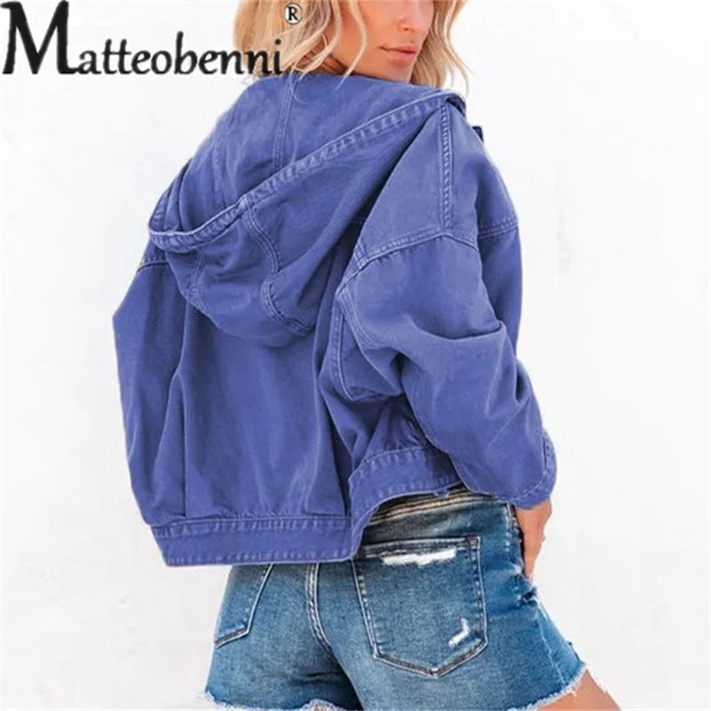 Hooded Denim Women Loose Long Sleeve Single-breasted Denim Short Jacket.  S-XL