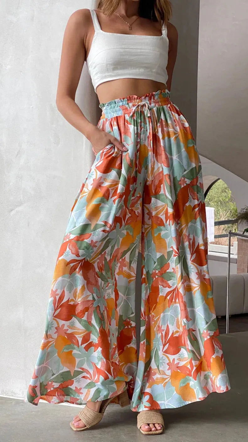 Spring and Summer New Women's Wide-leg Trousers Elastic Belt Wide-leg High-waist .  S-2X