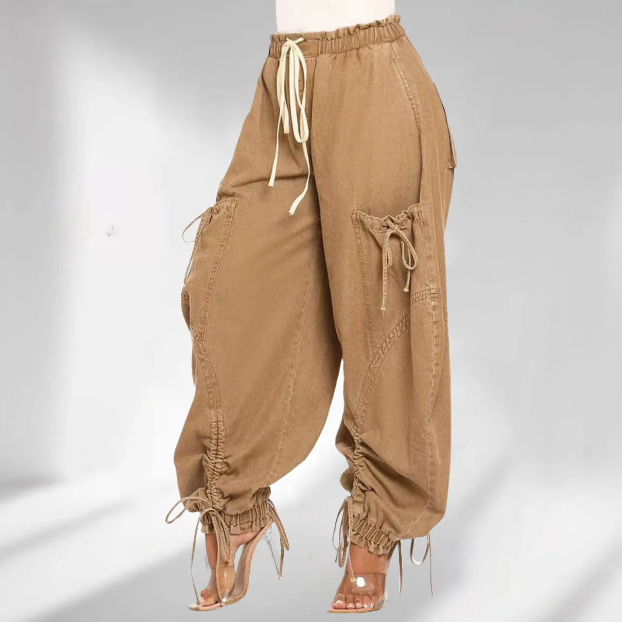 Lace Up Wide Leg Jeans Cargo Pant Sexy Women High Waist Elegant Street-wear Denim Loose Trousers.  S-2X