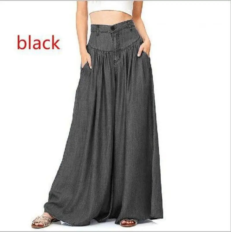 Ladies Casual Cotton Linen Jeans Fashion Solid Colour Wide Leg High Waist Long Pants.