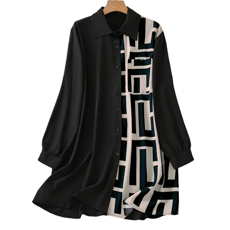 Plus Size 1XL-5XL Women's Elegant Button-Up Shirt with Geometric Print and Black Accents Long Sleeve Shirt.