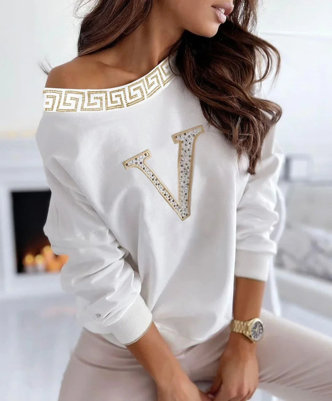 Autumn Women Sexy Print Oblique Collar Rhinestone Letter Long Sleeve Casual Top.