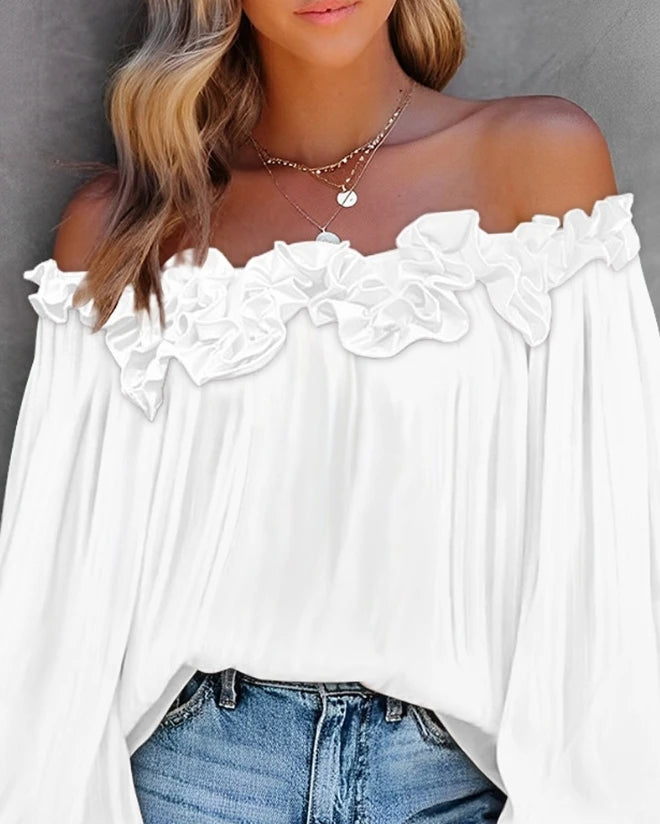 Spring Summer Women's Blouse Solid Colour Pleated Loose Ruffle Hem Lantern Sleeve Top Off Shoulder Shirt