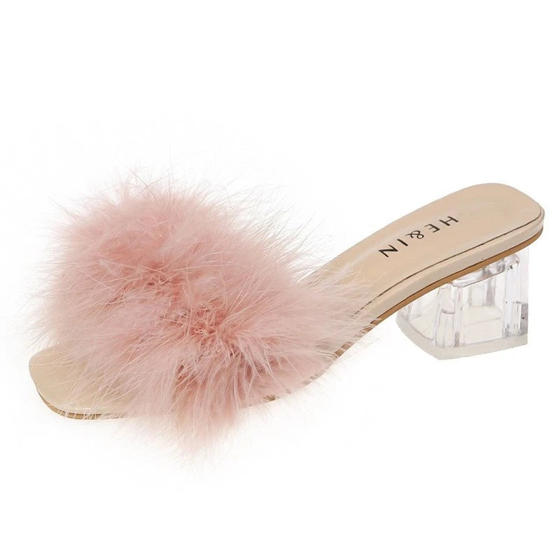 Fashion Women's Summer New Open Toe Plush Faux Fur Chunky Heel  Square Toe Sandal