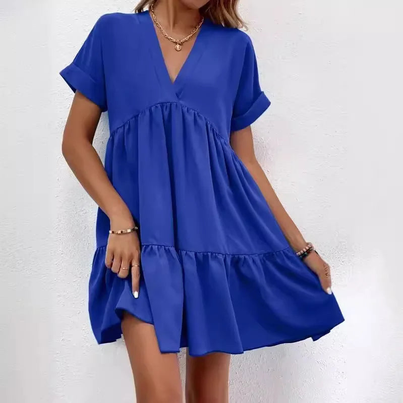 Women's Casual Short Skirt Fresh  Sweet V-neck Cake Solid Color Big Swing Elegant Summer New Solid Color Holiday Mini Dress