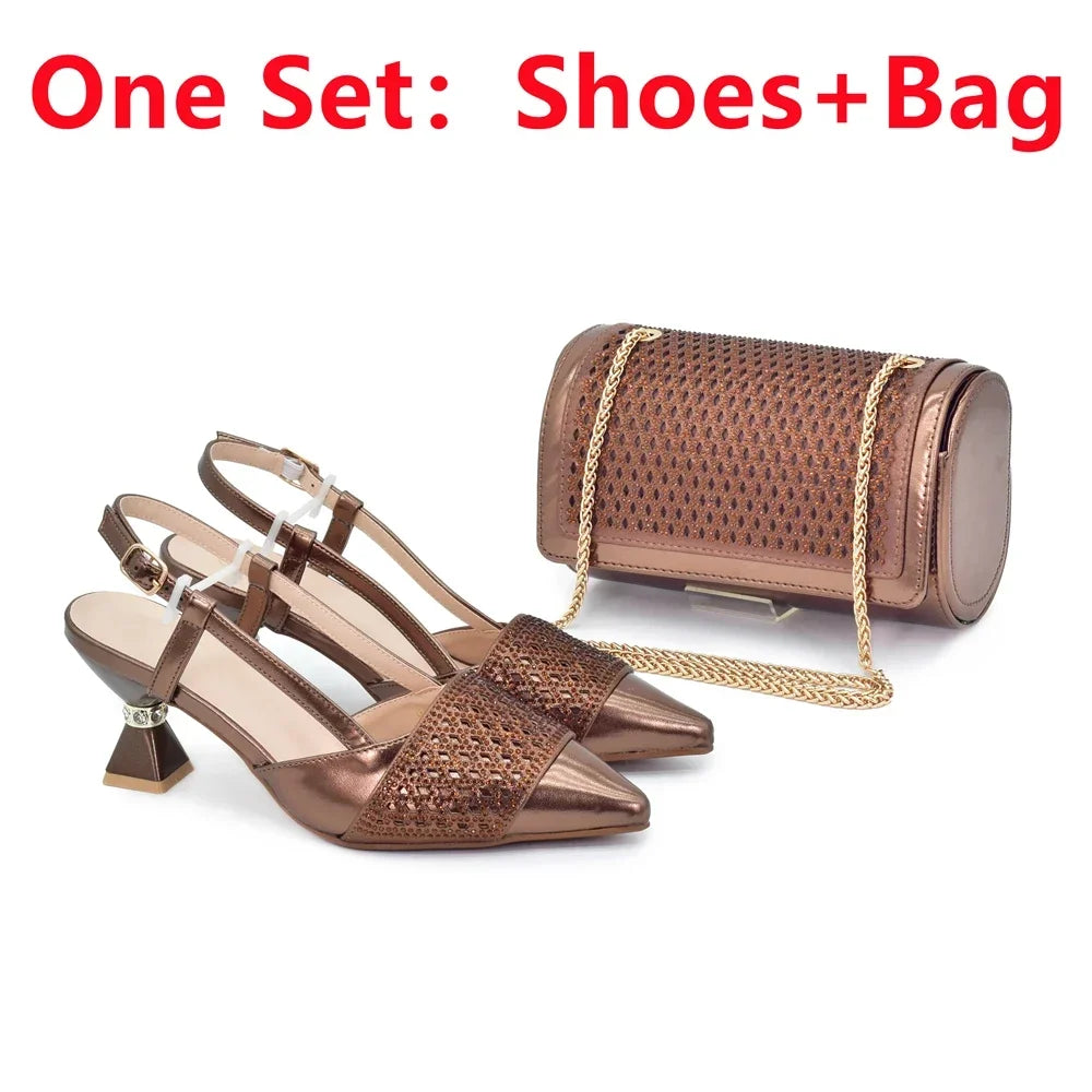 New Arrival Women Italian Shoes and Matching Bag Set Decorated with Rhinestones