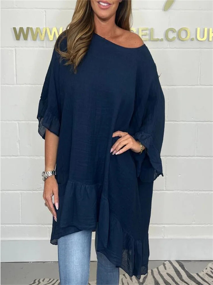 Plus-size women's Blouse ruffled fashion elegant bat sleeve loose solid colour.  L-5X
