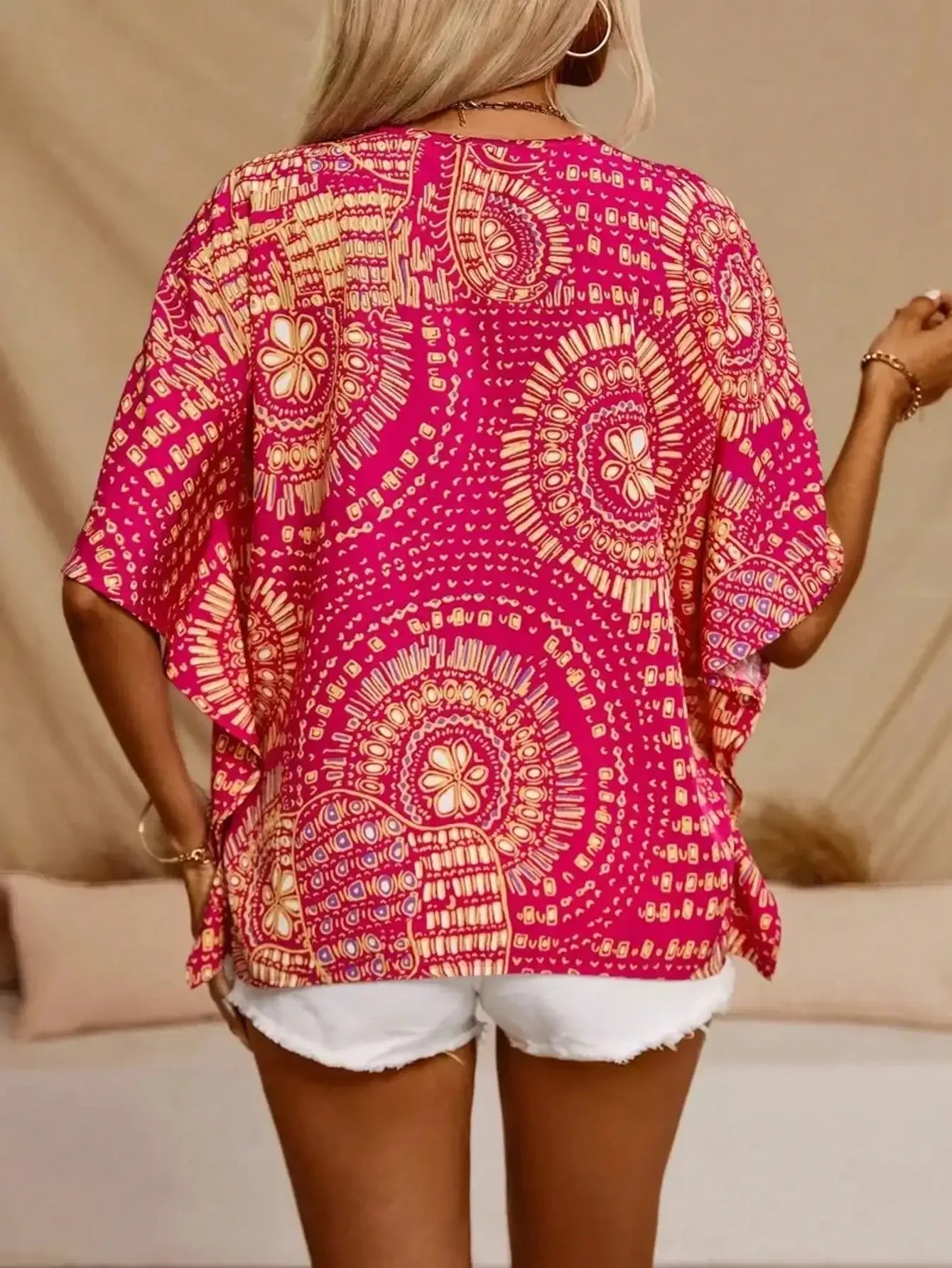 Plus Size 1XL-5XL Women's Fashion Print V-Neck Bat-wing Sleeve Blouse Casual Short Sleeve Summer Shirt.