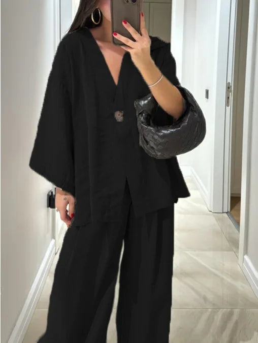 Spring Summer Fashion Cotton Blend Two Piece Set Causal Loose Top Wide Leg Pants 2 Piece Outfit.  S-3X