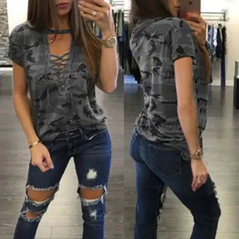 Summer Women Short Sleeve Camouflage Loose Casual Shirt.  S-4X