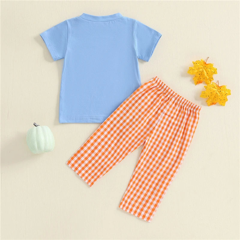Toddler Baby Girls Boys Halloween Outfit Pumpkin Embroidered Short Sleeve T-shirts Plaid Elastic Waist Pants 2 Piece Set