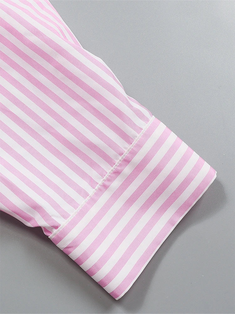 Plus Size New Women's  High Collar Long Sleeve Pink White Striped Long Comfortable Casual Shirt