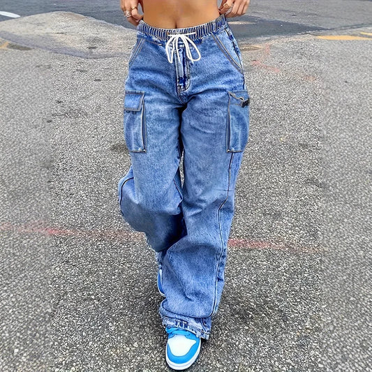 Cargo Pants Jeans Women Streetwear Straight Trousers Multiple Pockets High Waist Vintage Distressed Washed Female Denims 2025.    S-2X