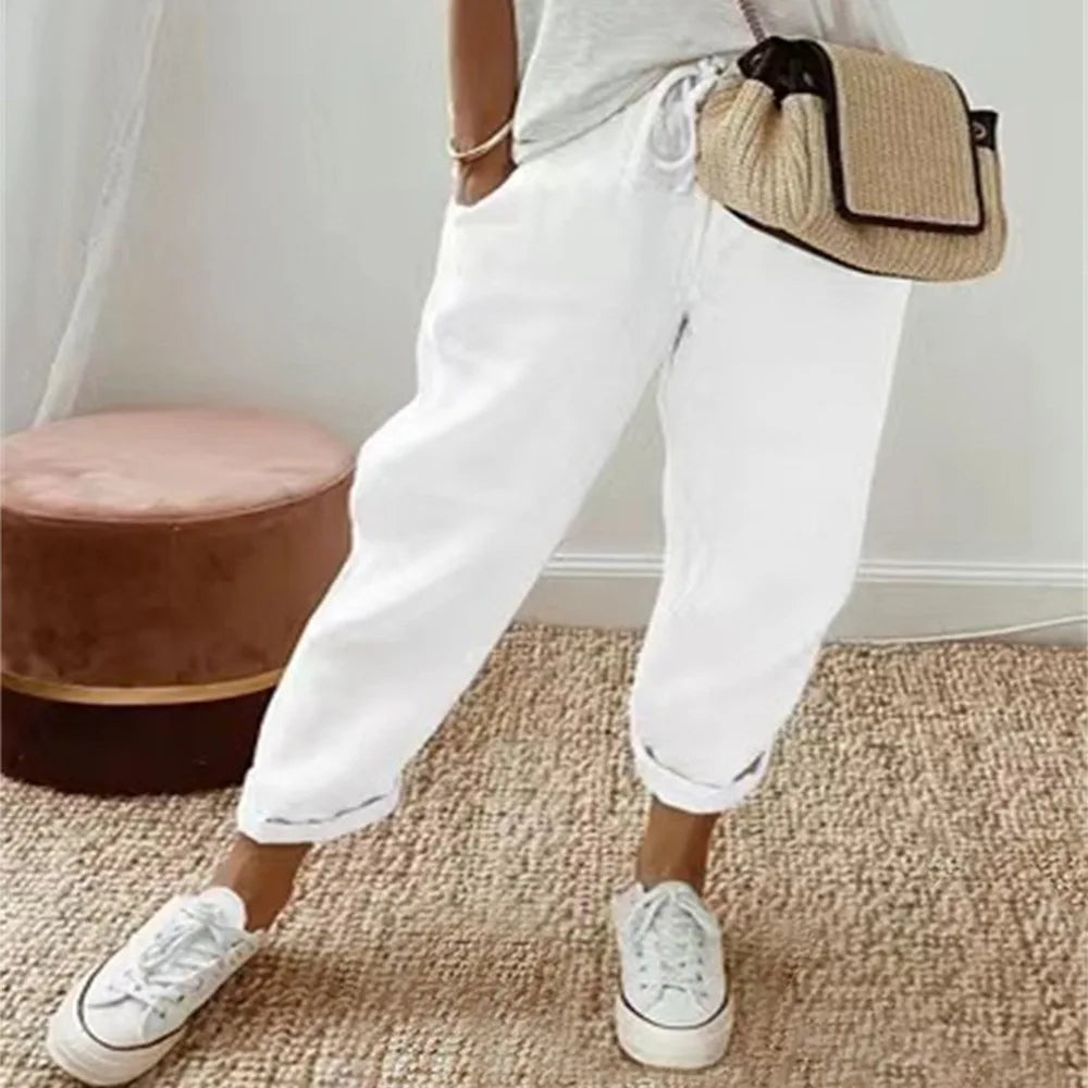 Ladies Summer Spring Cotton Linen Vintage Casual Fashion Loose Stripe Pocket Pant. Sz S-5XL