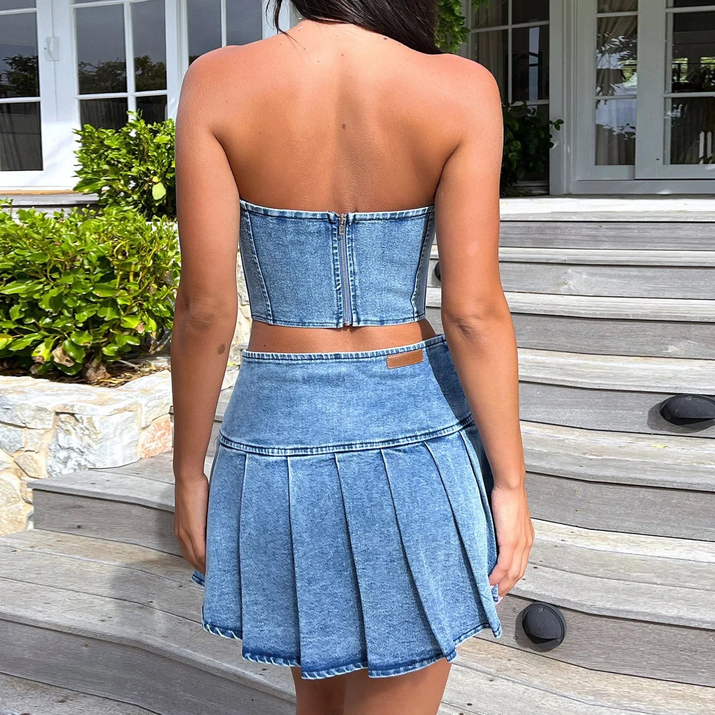 Denim two-piece Set Strapless Top Solid Pleated Mini Skirt Matching Set .  XS-XL