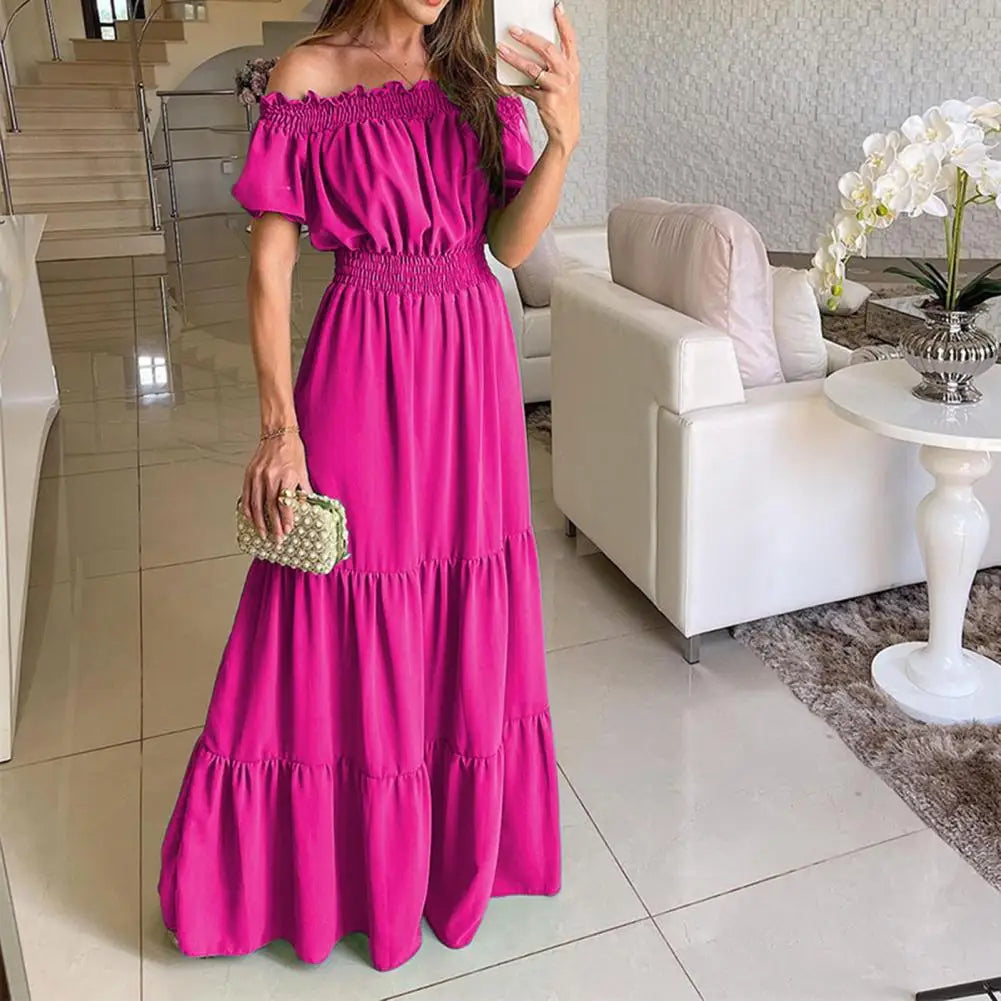 Women Dress Solid Puff Short Sleeves Elastic Waist Casual A-Line High-Waist Off Shoulder Maxi Dress.