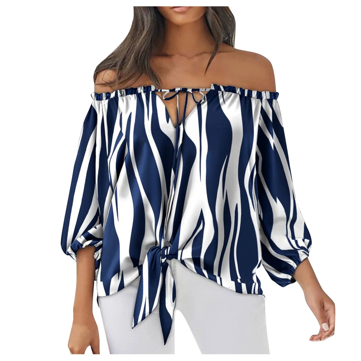 Summer Blouse Sexy Off Shoulder Elegant Women Tops Half Sleeve Casual Loose Solid Colour Tie Blouse