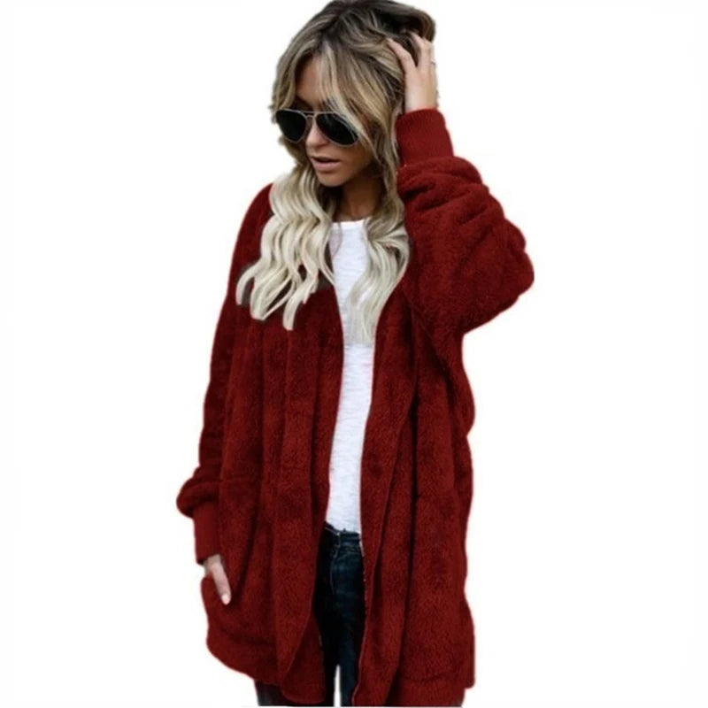 Double Fleece Cardigan Solid Colour Long Sleeve Plush Warm Hooded Lady Oversized Outerwear Coat.  S-5X