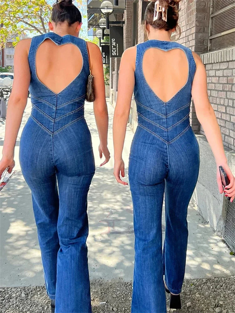 Backless Heart Cutout Bodycon Jumpsuit For Women Casual Sleeveless Slim One-Piece Retro Denim Jumpsuits New 2025