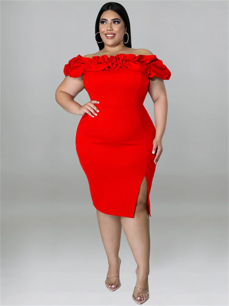 Plus Size Party Dress Ruffles Off Shoulder Solid Bodycon Elegant Midi Summer Dress