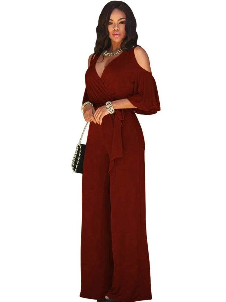 Spring Summer Solid Color Women Sexy Deep V Neck Short Sleeve Rompers Fashion Slim Fit Lace Up Elegant Female Wide Leg Jumpsuit.  S-2X