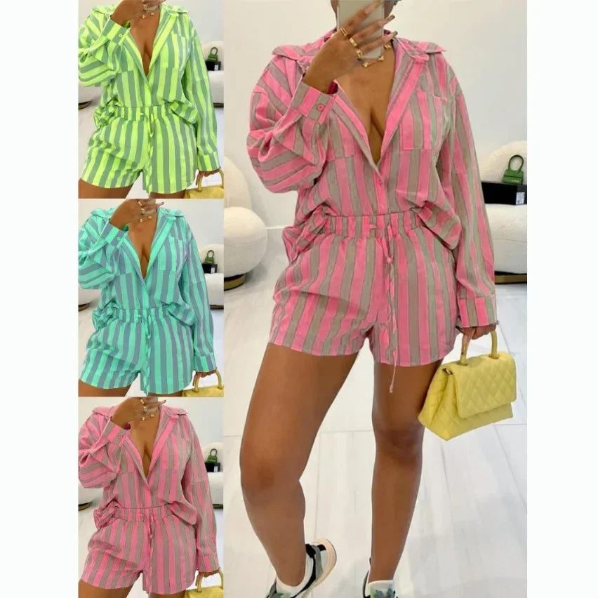 Fashionable Striped Two-Piece Loose-Fit Shorts And Shirt European Style.  S-4X