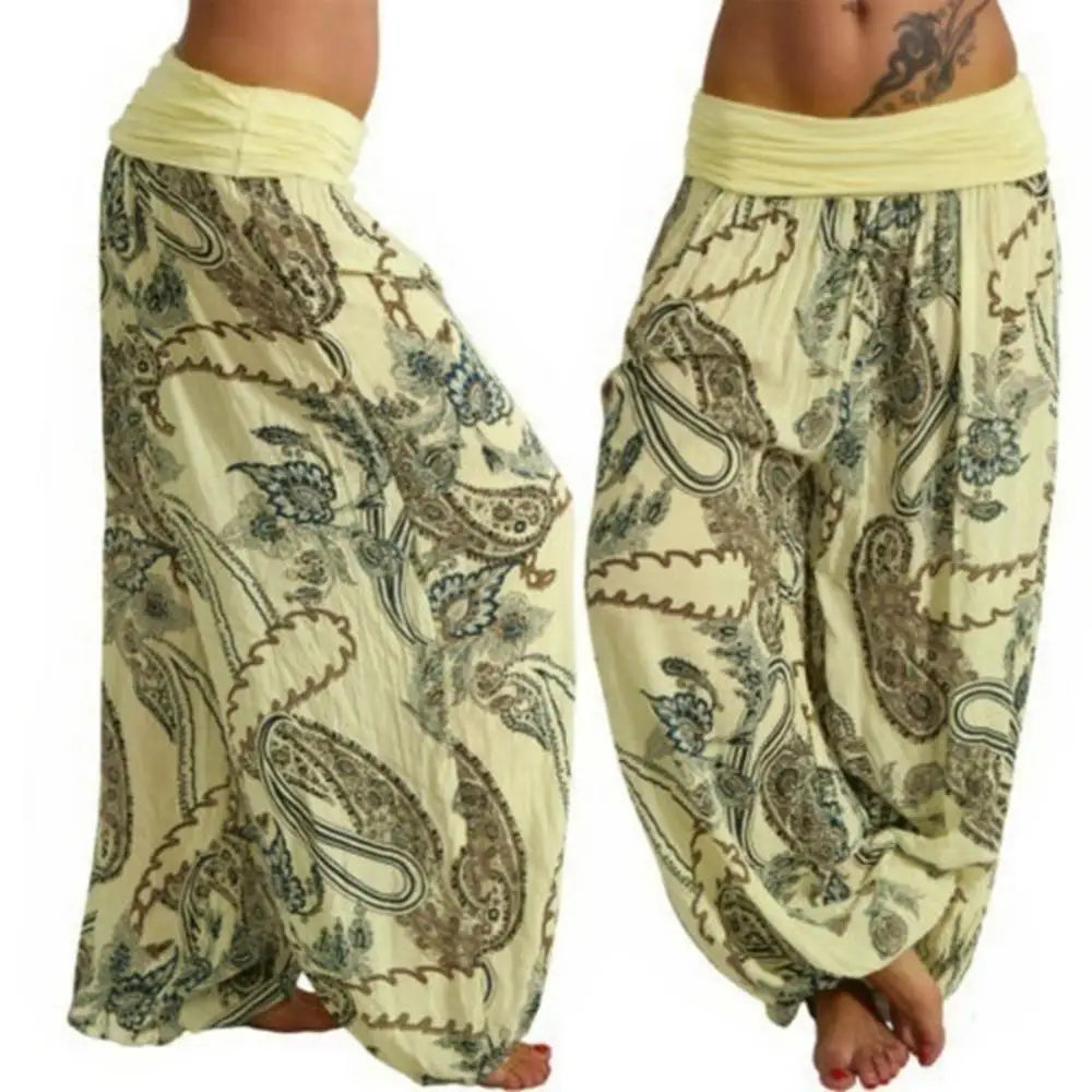 Ladies Boho Loose Pants Paisley Print High Waist Ankle Tied .