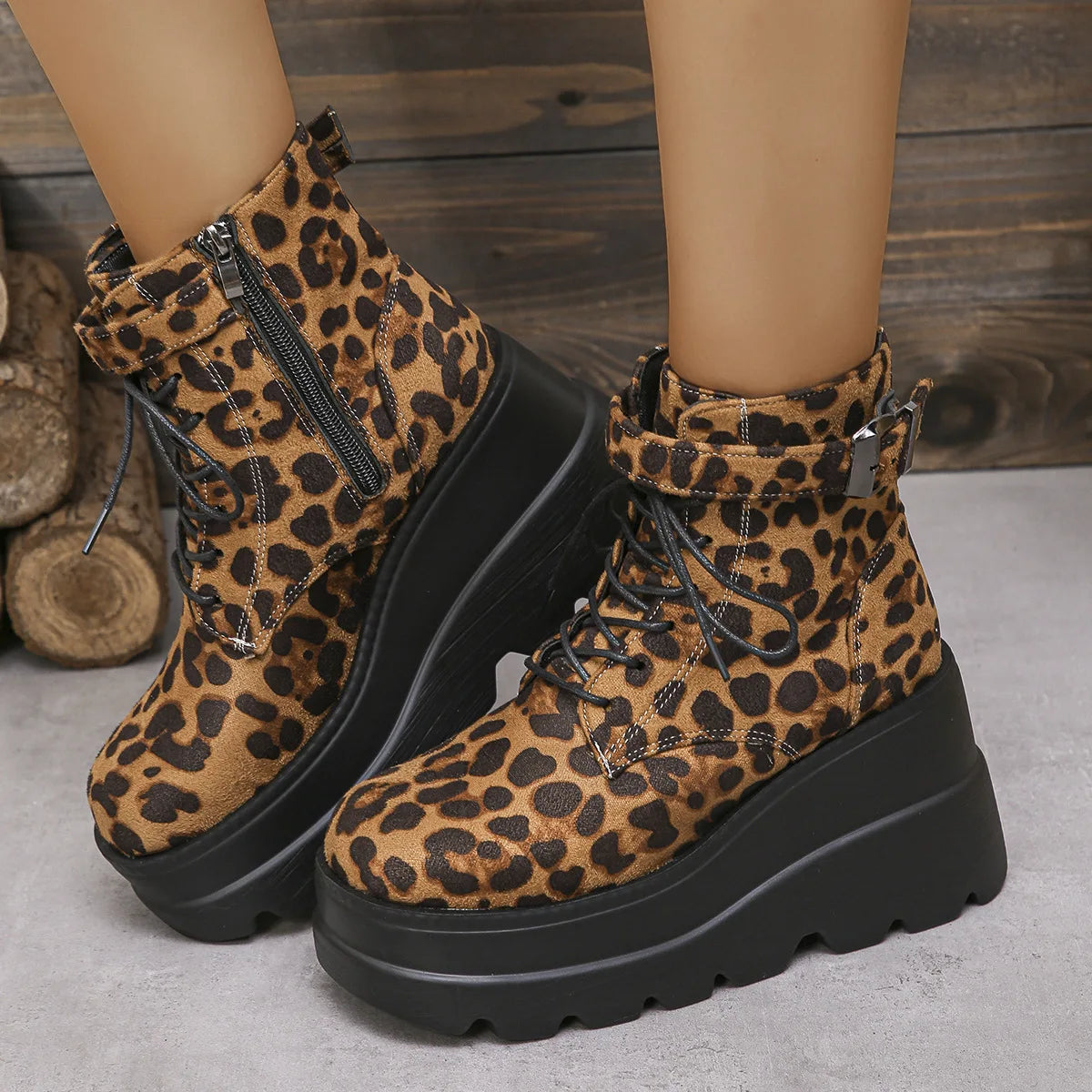 2025 Ladies Ankle Boots Modern Boots Leopard Side Zip Front Lace-up Wedge Boot