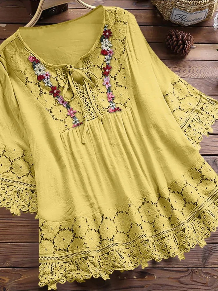 Ladies Solid Cotton And Linen Stitching Lace Flower V-neck Loose Fit Blouse.