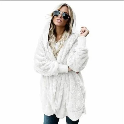 Double Fleece Cardigan Solid Colour Long Sleeve Plush Warm Hooded Lady Oversized Outerwear Coat.  S-5X