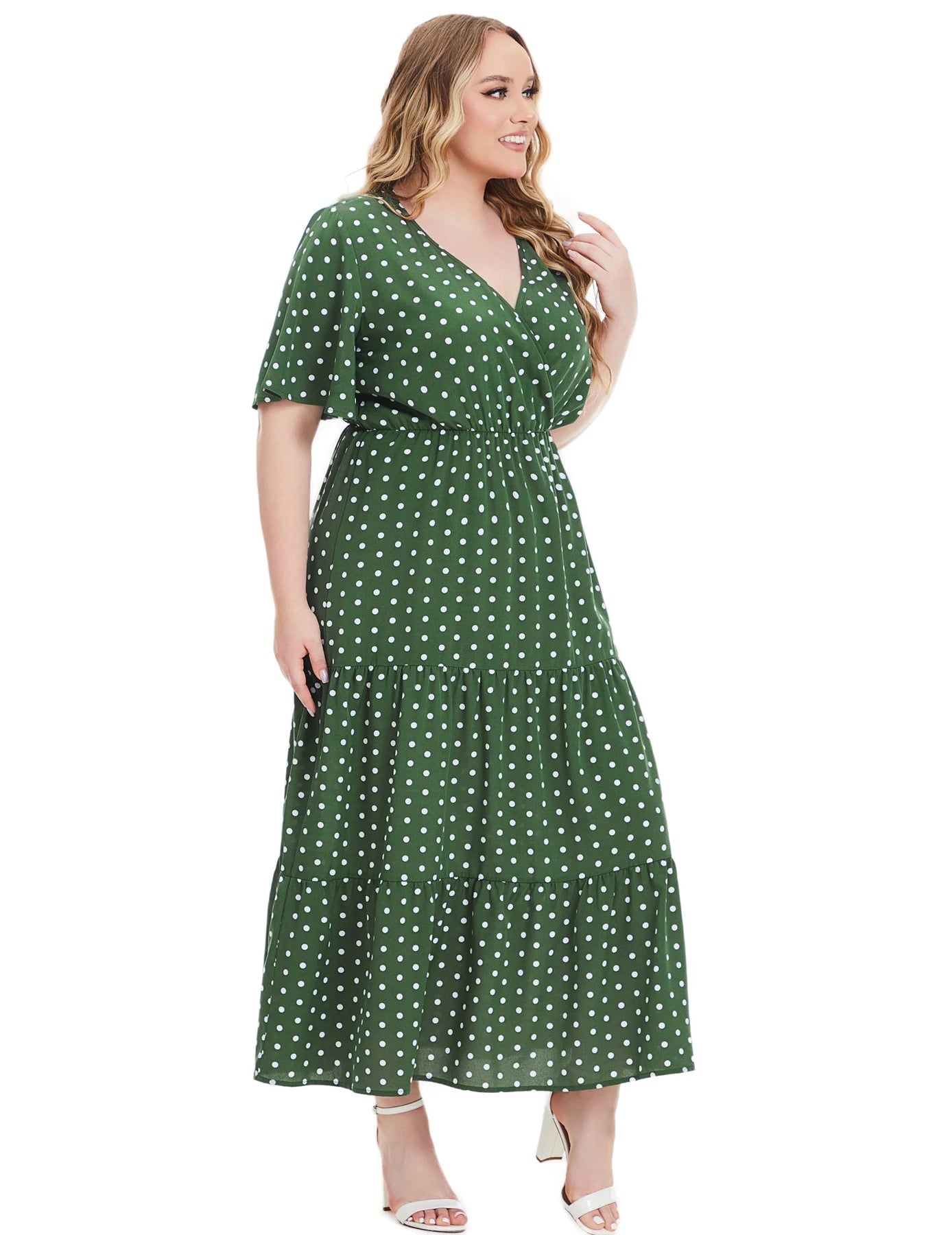 Plus Size New Arrival Fashional Polka Dot Print V Neck Short Sleeve Bohemian Casual Dress