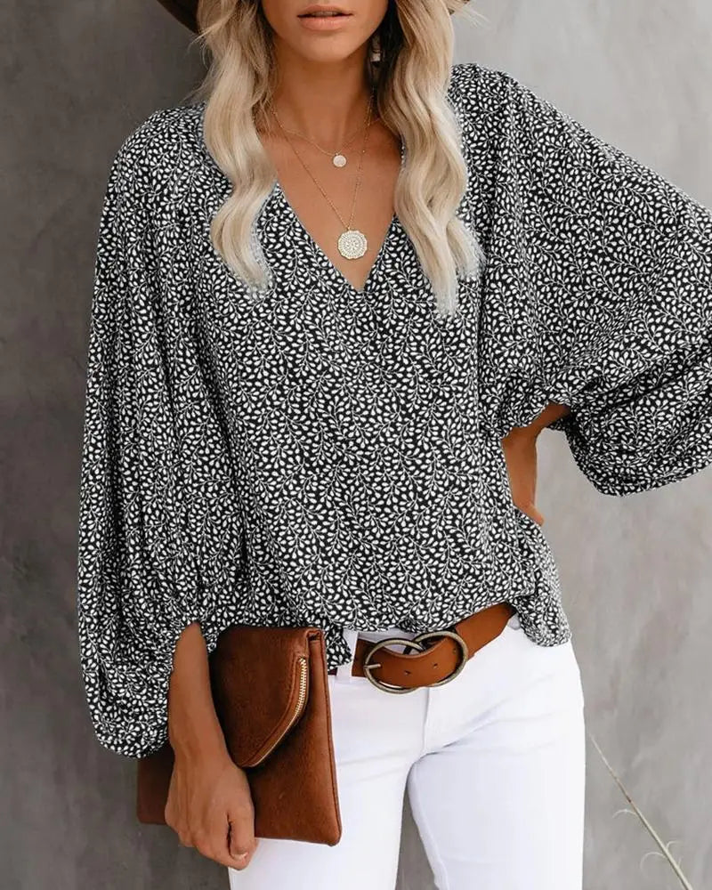New European V-neck Printed Lantern Sleeve Top.  S-3X