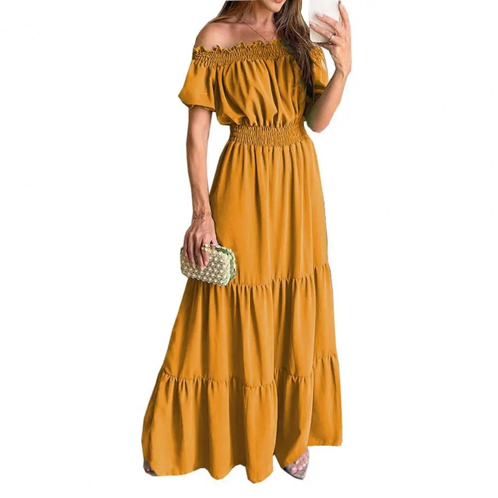 Women Dress Solid Puff Short Sleeves Elastic Waist Casual A-Line High-Waist Off Shoulder Maxi Dress.