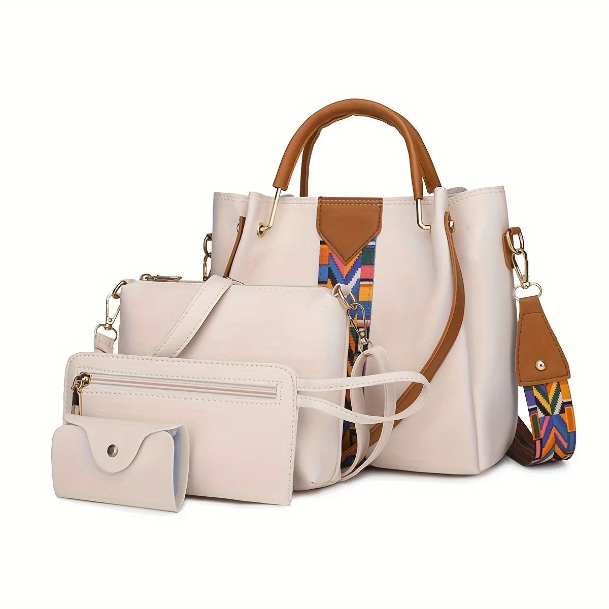 4pc Large Capacity Luxury Women's Shoulder Bag Fashion Coloured Ribbon Patchwork Tote Bag